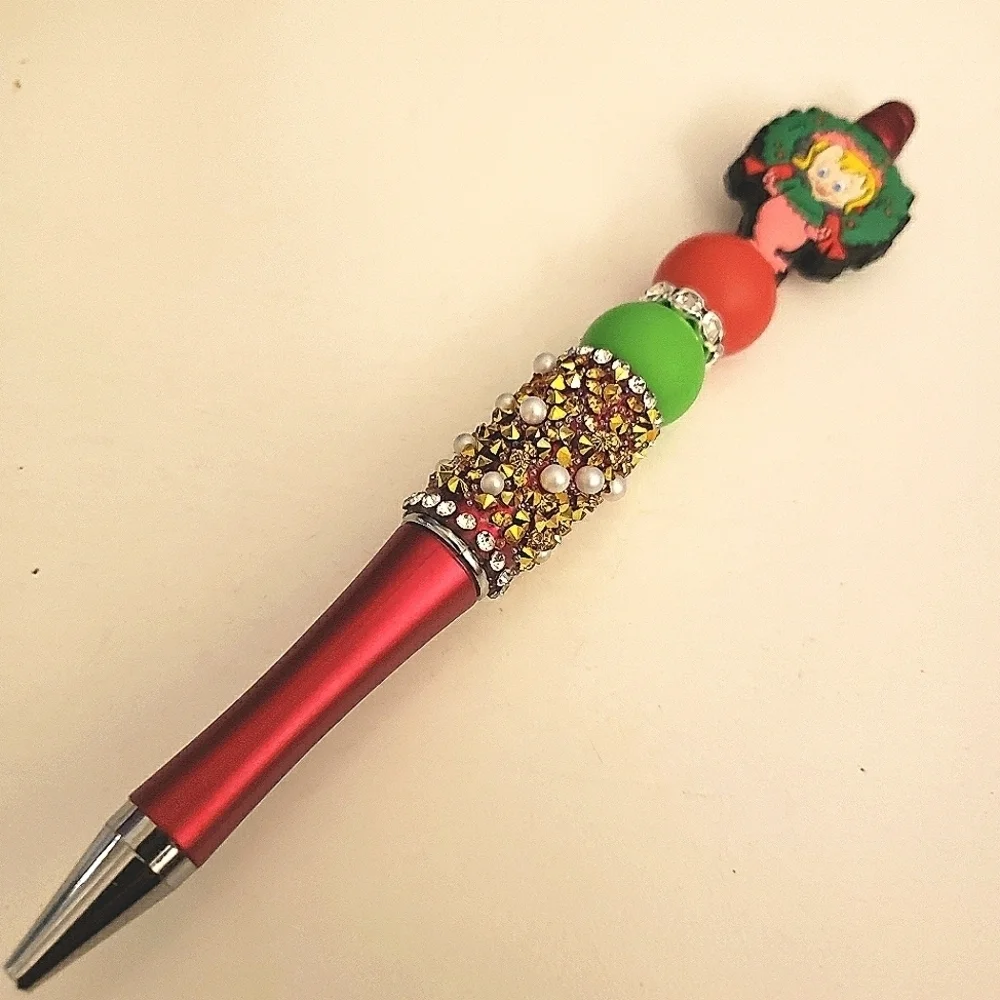 Handmade The Grinch Cindy Lou Who Beaded Silicone Focal Bead Rhinestone Pen